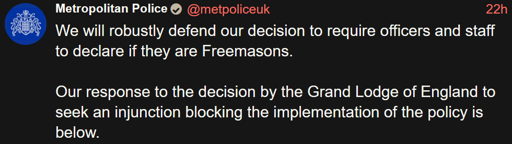 uk piggies tweet:  We will robustly defend our decision to require officers and staff to declare if they are Freemasons.