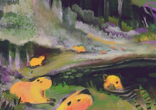 Illustration of capybaras lounging around a purple pond