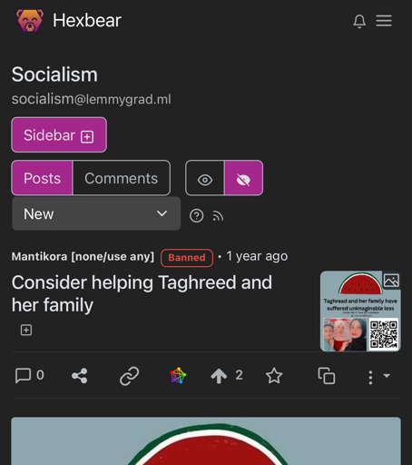 socialism@lemmygrad.ml viewed from hexbear showing the most recent post is a year old