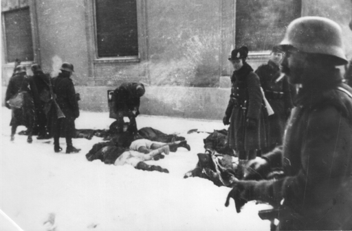 The bodies of murdered civilians in the barracks in Novi Sad, Futoška Street. Dated January 1942.
