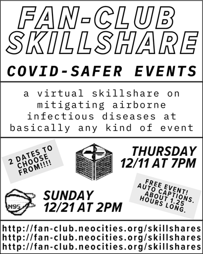 Flyer for a skillshare for covid-safer events on 12/21@2pm