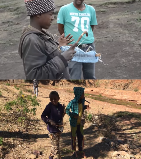 Photos of people playing one-stringed lutes made from recycled materials, in particular using plastic bottles as resonators.