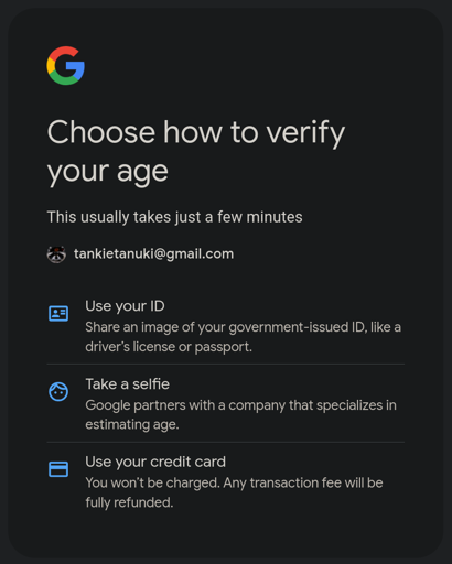 A screenshot of Google asking me to verify my age by uploading a government ID, selfie, or credit card