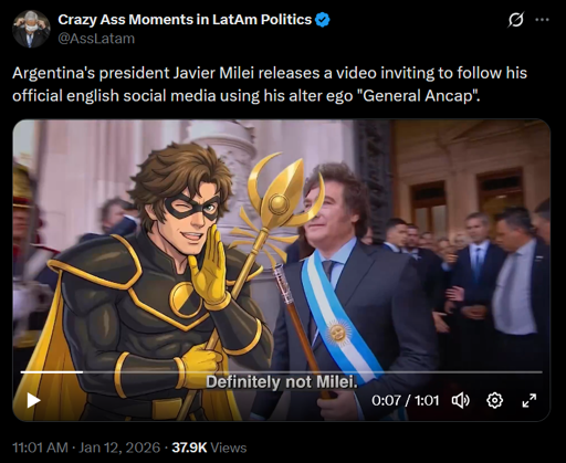 Argentina's president Javier Milei releases a video inviting to follow his official english social media using his alter ego "General Ancap".