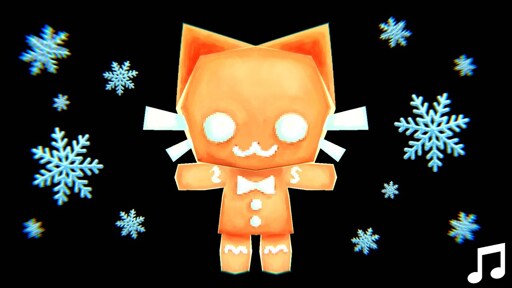 Thumbnail for the song gingerbread cat by Justin Oval. A cat shaped gingerbread man with chibi proportions on a black background with snowflakes superimposed on the sides