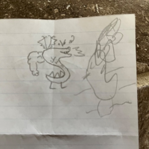 A small pencil drawing of two Trogdor the Burninators. The left one is drawn by a grownup, the right by a child. 