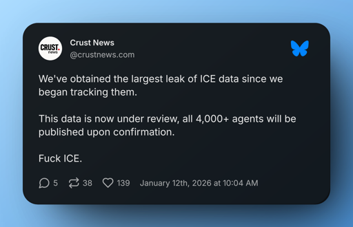 Bluesky screenshot. Crust News.‬ We've obtained the largest leak of ICE data since we began tracking them.  This data is now under review, all 4,000+ agents will be published upon confirmation.